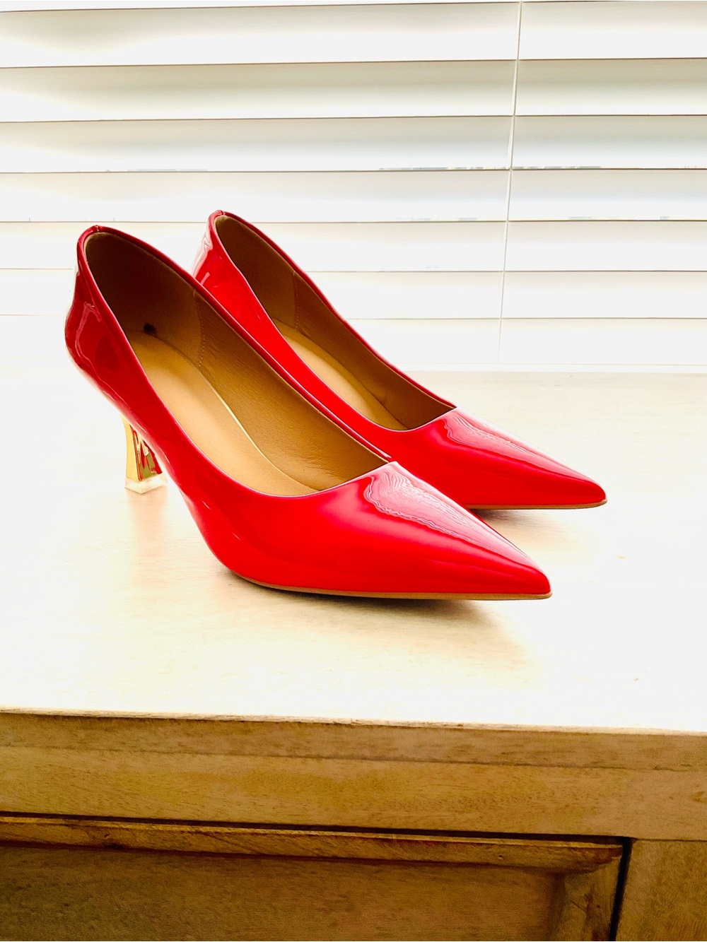 Red Patent Pointed-Toe Mid Heel Pumps